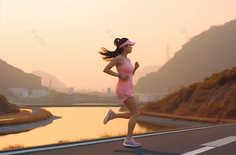 橙色夕阳山林湖边青年女子跑步侧面拍摄,高清,摄影图,摄影图片,图片大全,摄影图免费下载